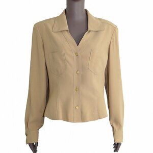 Dana Buchman Tan Formal Long Sleeve Blouse Office Chic Button-Down Evening Top